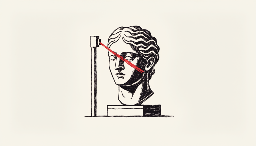 Ilustración editorial a tinta: busto clásico escaneado por un haz de luz rojo; la reputación indexada por las máquinas.