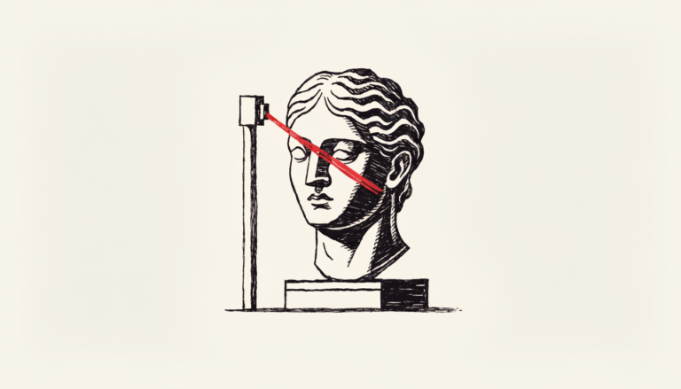 Ilustración editorial a tinta: busto clásico escaneado por un haz de luz rojo; la reputación indexada por las máquinas.