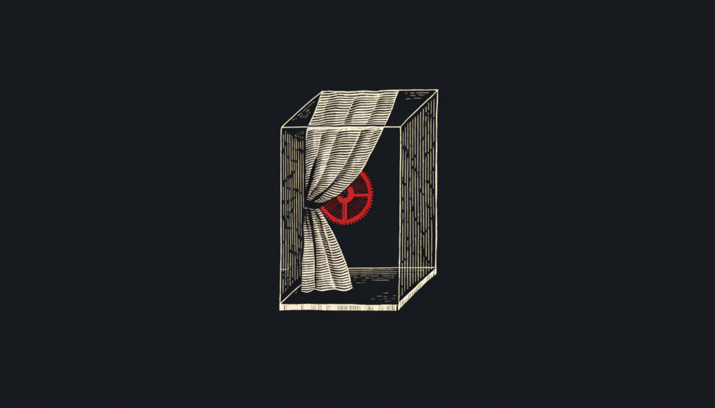 Ilustración editorial invertida: vitrina de cristal con una cortinilla que oculta un engranaje rojo.