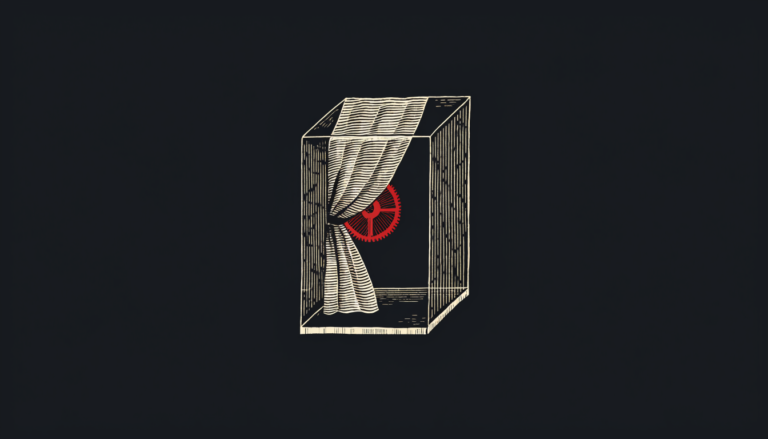 Ilustración editorial invertida: vitrina de cristal con una cortinilla que oculta un engranaje rojo.
