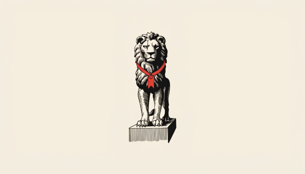 Ilustración editorial a tinta: león heráldico de trofeo con una cinta roja al cuello.