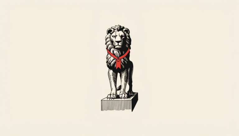 Ilustración editorial a tinta: león heráldico de trofeo con una cinta roja al cuello.