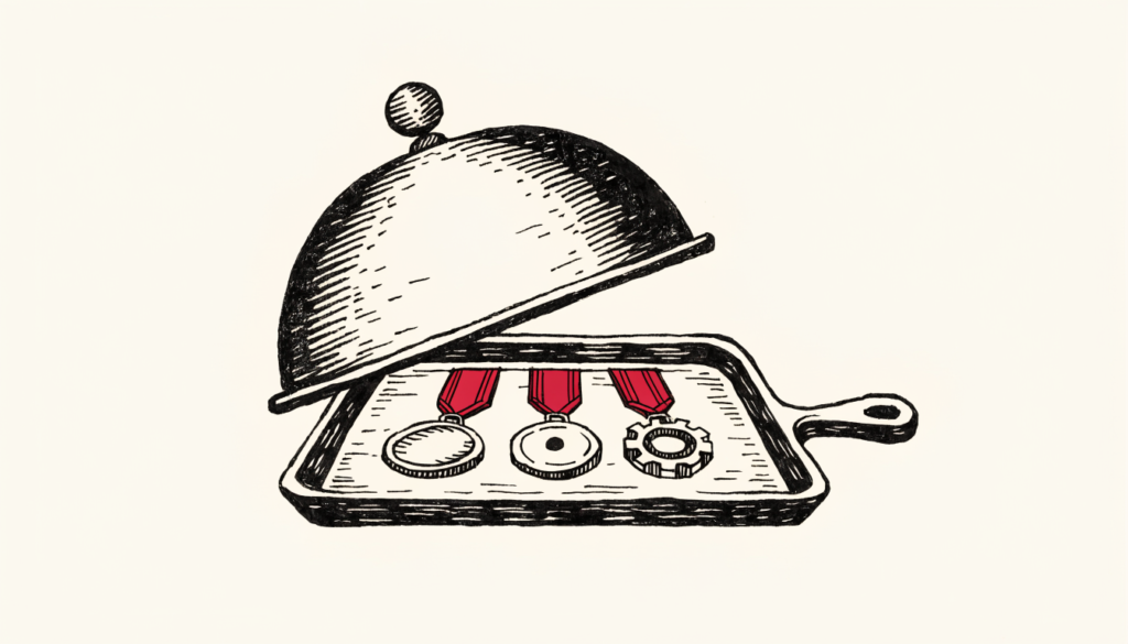 Ilustración editorial a tinta: bandeja de camarero con la cúpula levantada mostrando tres medallas con cintas rojas.