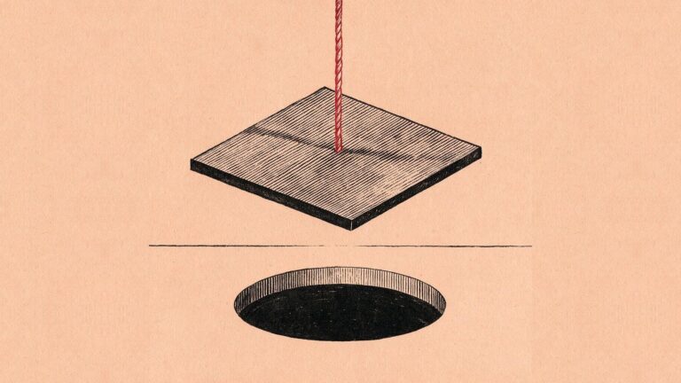 Ilustración editorial: un panel cuadrado desciende colgado de una cuerda hacia un hueco redondo abierto en el suelo, con el que no encaja