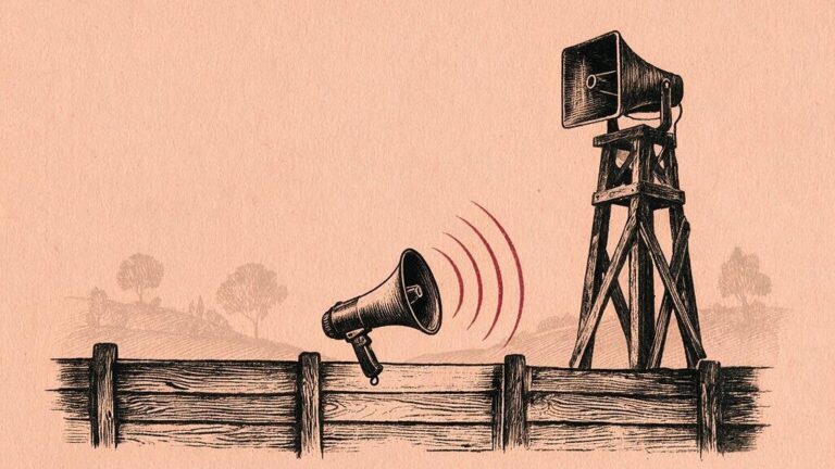 Ilustración editorial: un pequeño megáfono asomado sobre una valla de madera emite ondas sonoras mientras una gran torre de altavoces permanece muda al lado