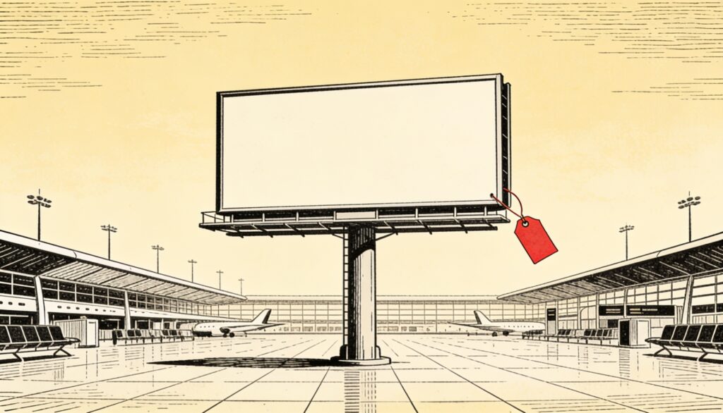 Ilustración a tinta de una valla publicitaria vacía en una terminal de aeropuerto desierta, con una etiqueta roja en blanco colgando.