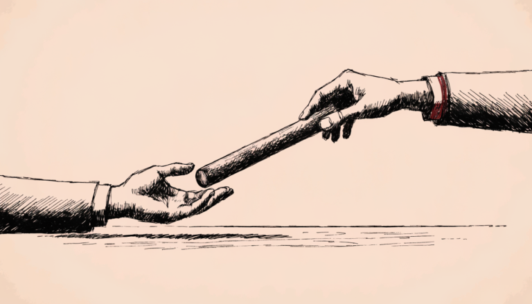 Ilustración editorial: una mano entrega un testigo de relevo a otra sobre una mesa vacía; el puño de la manga que lo recibe lleva una banda roja.