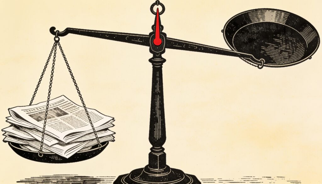 Ilustracion editorial: una balanza antigua con un plato cargado de periodicos y el plato opuesto vacio y levantado