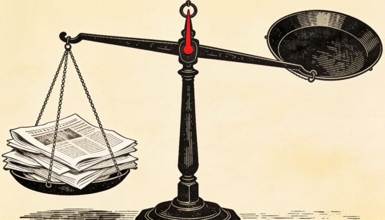 Ilustracion editorial: una balanza antigua con un plato cargado de periodicos y el plato opuesto vacio y levantado