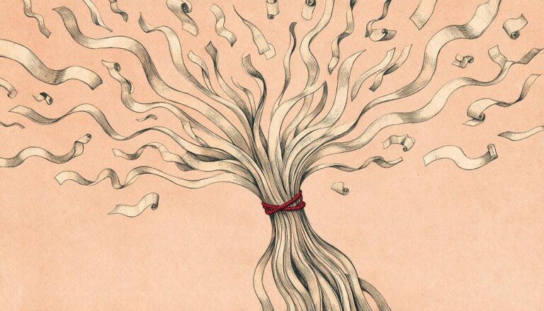 Ilustración editorial: numerosas cintas de papel dispersas se recogen y quedan atadas en un solo haz por un cordel rojo, metáfora de la unificación de la publicidad institucional en una sola agencia de medios.