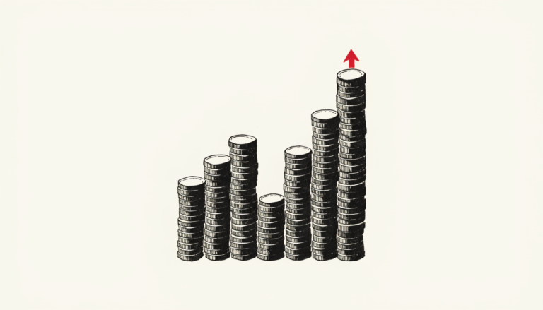 Ilustracion editorial: columnas de monedas ascendentes con una flecha roja al alza
