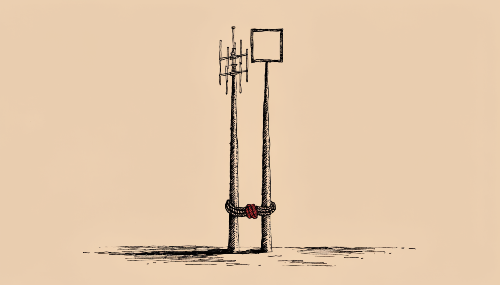 Ilustración editorial: dos mástiles, uno con una antena de televisión y otro con un marco publicitario vacío, atados por una cuerda con un nudo rojo.