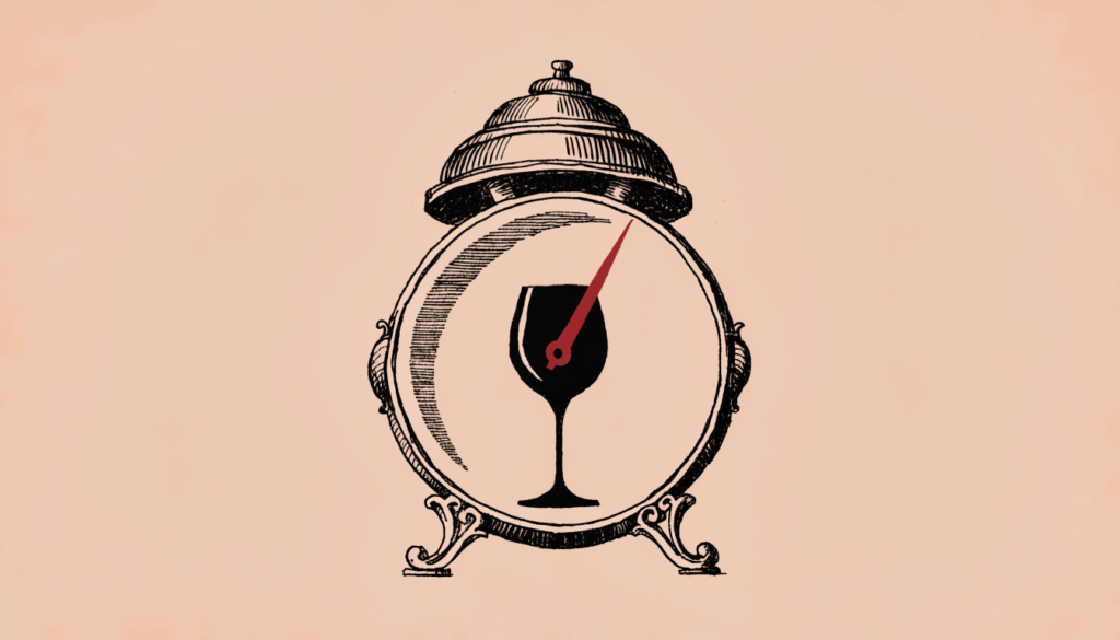 Ilustración editorial: un despertador antiguo con una copa de vino en el centro de la esfera y una manecilla roja señalando fuera del horario permitido