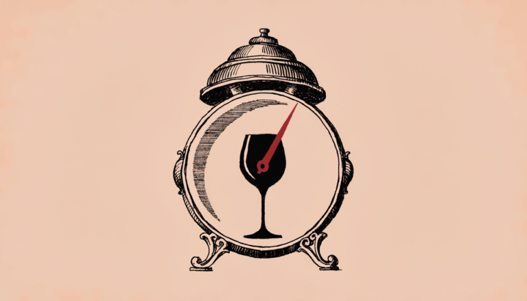 Ilustración editorial: un despertador antiguo con una copa de vino en el centro de la esfera y una manecilla roja señalando fuera del horario permitido