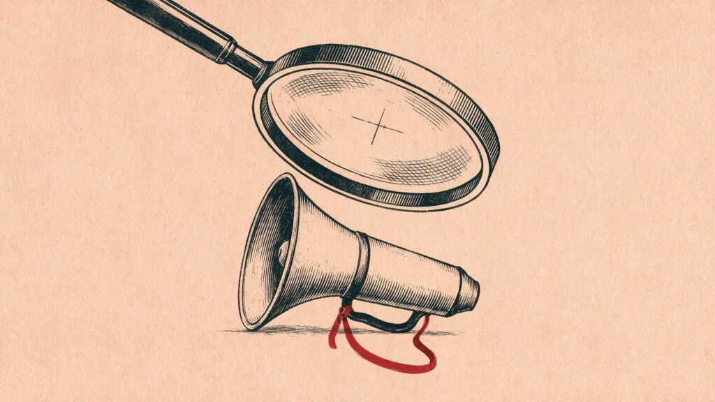 Ilustracion editorial: una lupa sostenida sobre un megafono apoyado en una superficie vacia, con el cordon en rojo