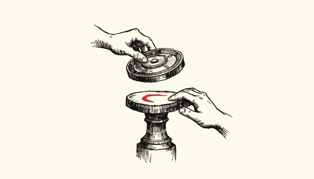 Ilustración editorial: una mano cambia la placa de un antiguo dial de medición por otra, con un acento rojo, simboliza el cambio de medidor de audiencias digitales