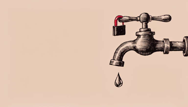 Ilustración editorial: un grifo grabado a tinta con un candado de arco rojo cerrado sobre su llave y una gota cayendo del caño.