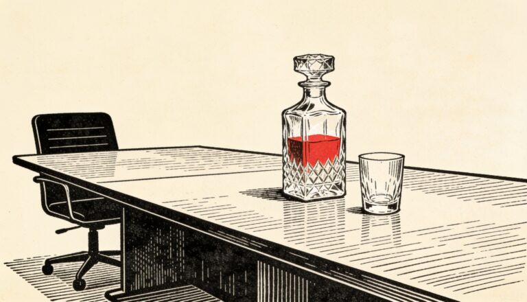 Ilustración editorial: una licorera de cristal y un vaso vacío sobre una mesa de sala de juntas, junto a una silla vacía