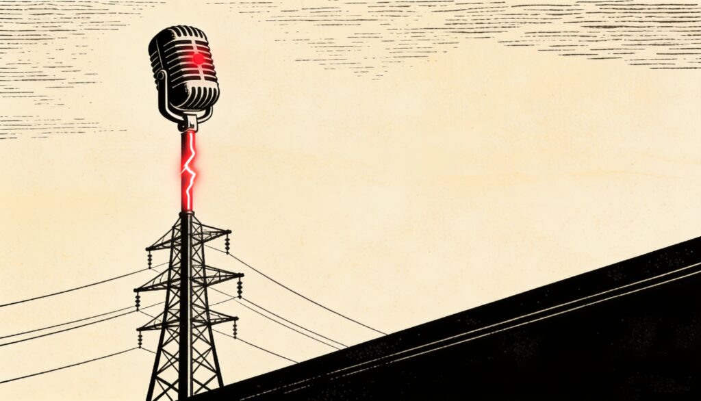 Ilustracion editorial a tinta: un microfono clasico sobre una torre electrica, con la corriente en rojo. Metafora de la comunicacion corporativa de una electrica.