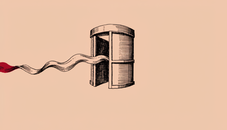 Ilustración editorial: una puerta giratoria de la que sale una cinta en un solo sentido, mientras el lado de vuelta queda vacío.
