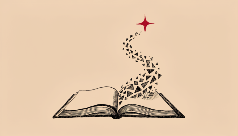 Ilustración editorial: un cuaderno abierto de páginas en blanco del que se eleva una espiral de fragmentos hacia una estrella roja de cuatro puntas.