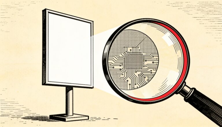 Ilustracion editorial a tinta: una lupa con el aro rojo sobre un cartel publicitario en blanco revela un circuito. Metafora de la publicidad creada con inteligencia artificial.