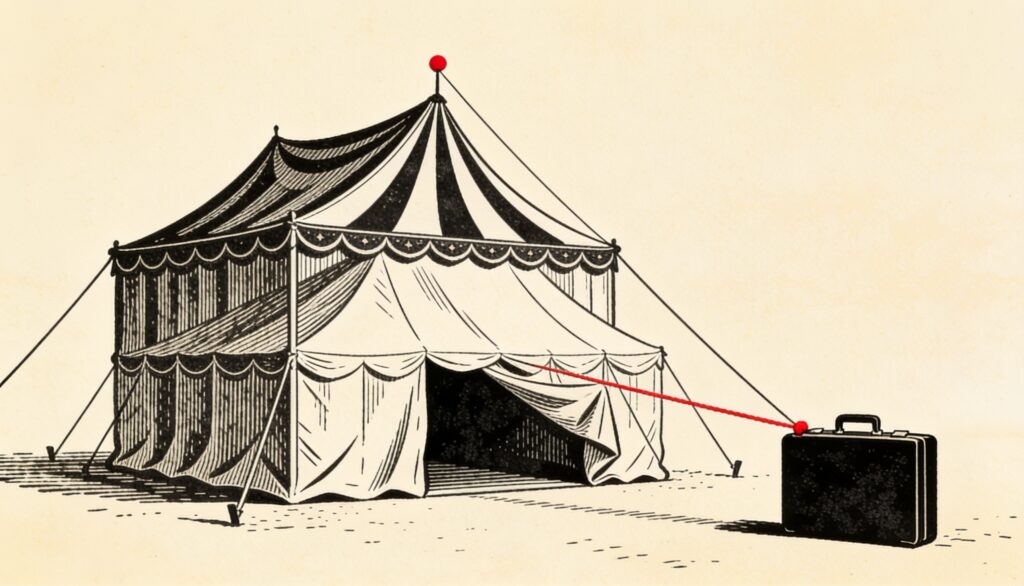 Ilustración editorial: una gran carpa de eventos unida por una cuerda roja a un maletín corporativo cerrado