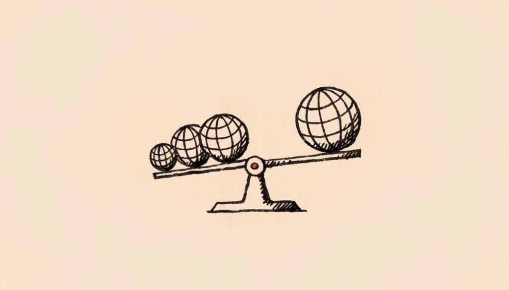 Ilustracion editorial: una balanza con globos terraqueos de distinto tamano en equilibrio desigual, metafora del resultado semestral de Havas por regiones