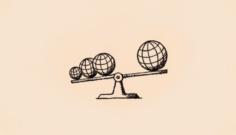Ilustracion editorial: una balanza con globos terraqueos de distinto tamano en equilibrio desigual, metafora del resultado semestral de Havas por regiones