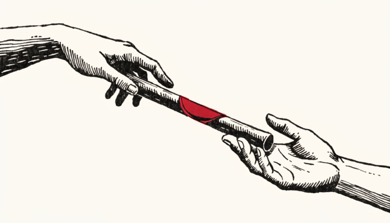 Ilustración de grabado: dos manos se pasan un testigo de relevo, el testigo en rojo, sobre fondo crema.
