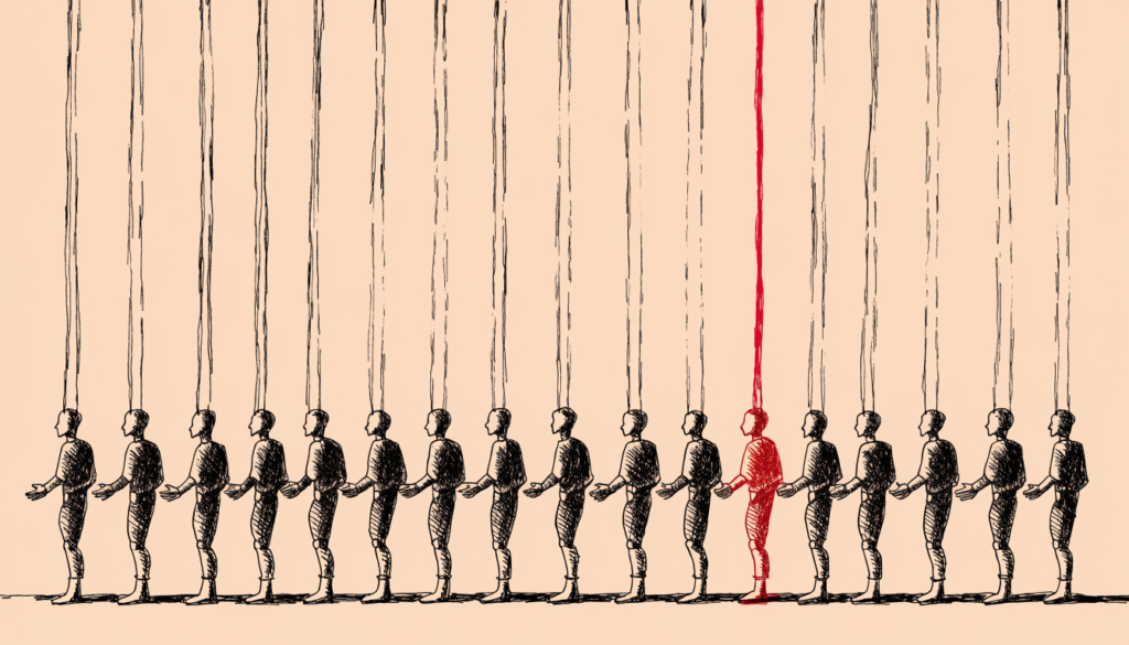 Fila de marionetas de tinta identicas sobre fondo salmon, con un solo hilo de control en rojo