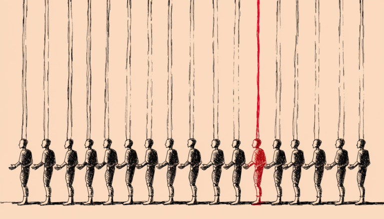Fila de marionetas de tinta identicas sobre fondo salmon, con un solo hilo de control en rojo