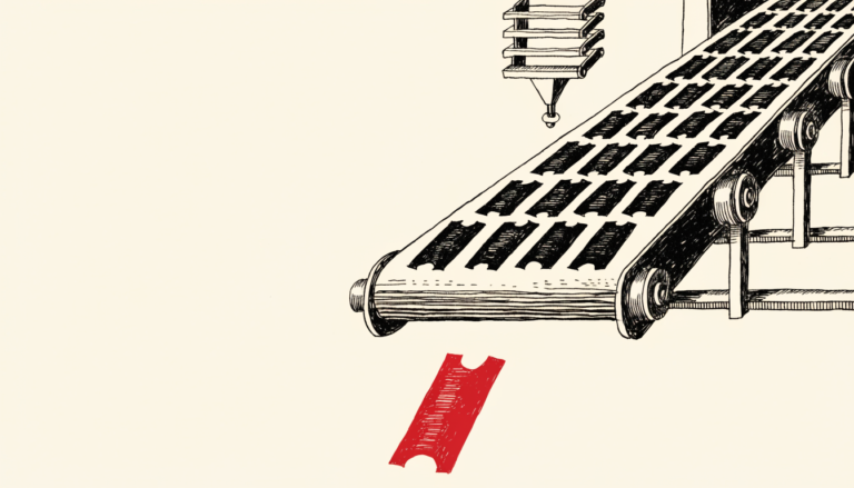 Ilustración a tinta: una cadena de montaje estampa piezas idénticas mientras una pieza roja única cae de la línea