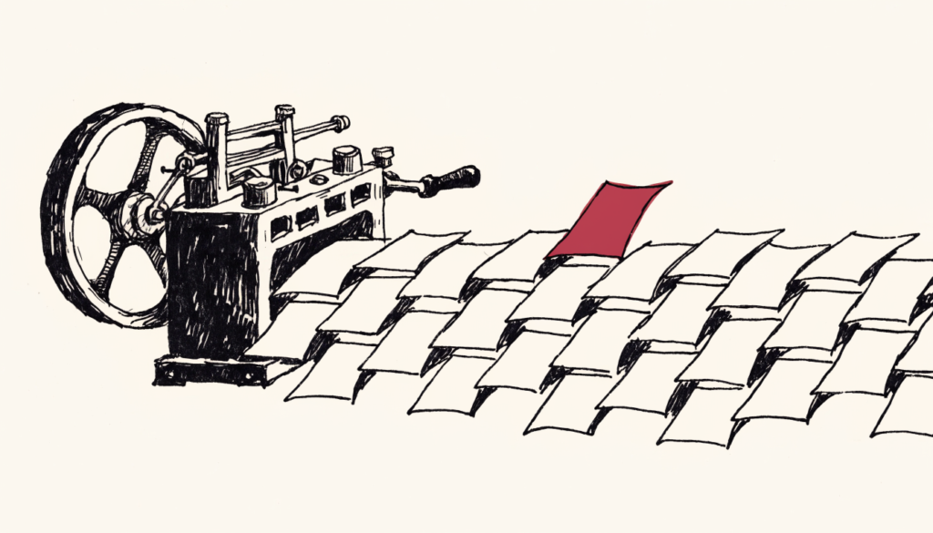 Ilustración editorial: una imprenta produce hojas idénticas y una sola destaca en rojo
