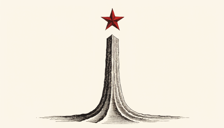 Ilustración a tinta: una estrella roja se eleva sobre un pedestal grabado, metáfora de elevación de la marca