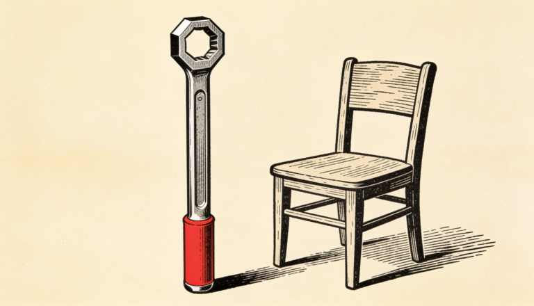 Ilustracion editorial: llave Allen junto a una silla vacia, relevo en la direccion de marketing de una marca de mueble