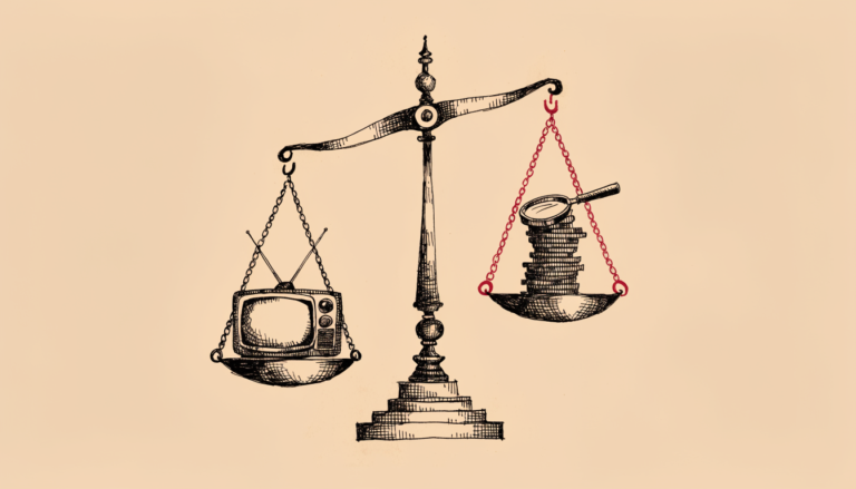Ilustracion editorial: una balanza antigua con un televisor en un platillo y una lupa sobre una pila de monedas en el otro, elevado