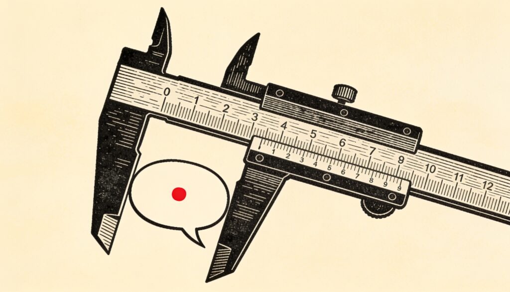 Ilustración a tinta de un calibre de precisión midiendo un pequeño bocadillo de diálogo con un punto rojo.