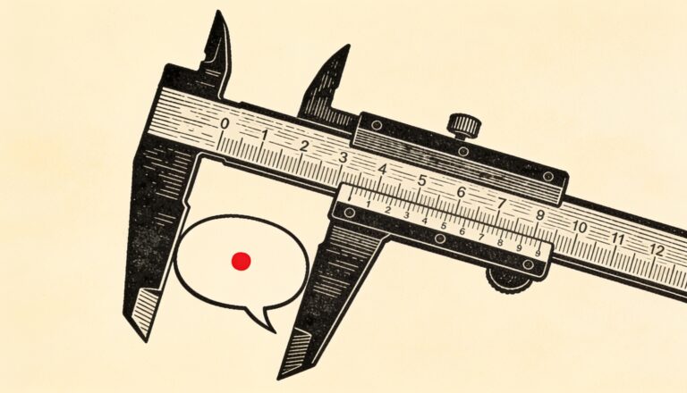 Ilustración a tinta de un calibre de precisión midiendo un pequeño bocadillo de diálogo con un punto rojo.
