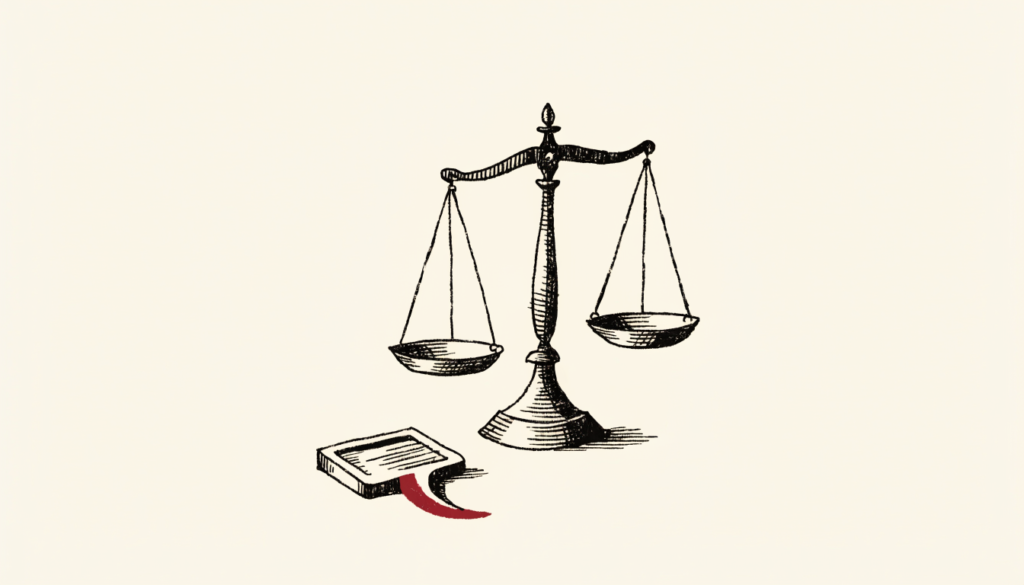 Ilustración editorial: una balanza de la justicia junto a una forma abstracta de pantalla o libro con un acento rojo, que se observa pero no se coloca en el platillo