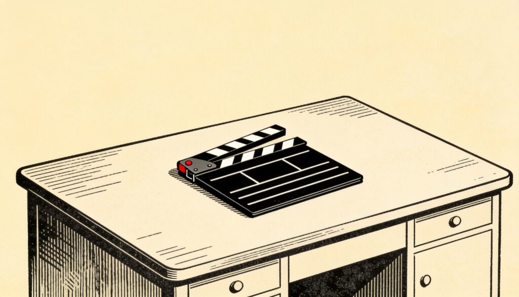 Ilustración a tinta de una claqueta de cine cerrada sobre un escritorio vacío, con un detalle rojo en el broche.
