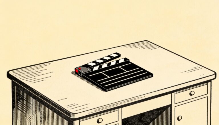 Ilustración a tinta de una claqueta de cine cerrada sobre un escritorio vacío, con un detalle rojo en el broche.