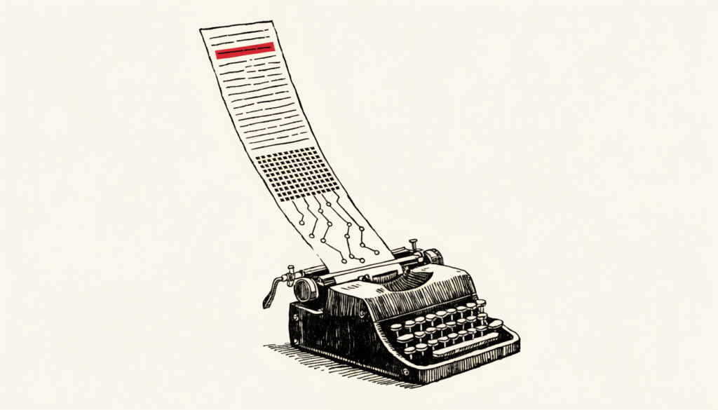 Ilustración a tinta: una máquina de escribir produce una página cuyo texto se convierte en perforaciones y trazas de circuito legibles por máquinas