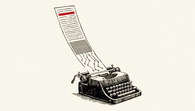 Ilustración a tinta: una máquina de escribir produce una página cuyo texto se convierte en perforaciones y trazas de circuito legibles por máquinas
