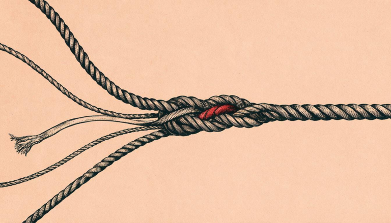 Ilustración editorial: varias cuerdas se trenzan en una sola, con una hebra roja, como metáfora de la integración de marcas en un solo grupo.