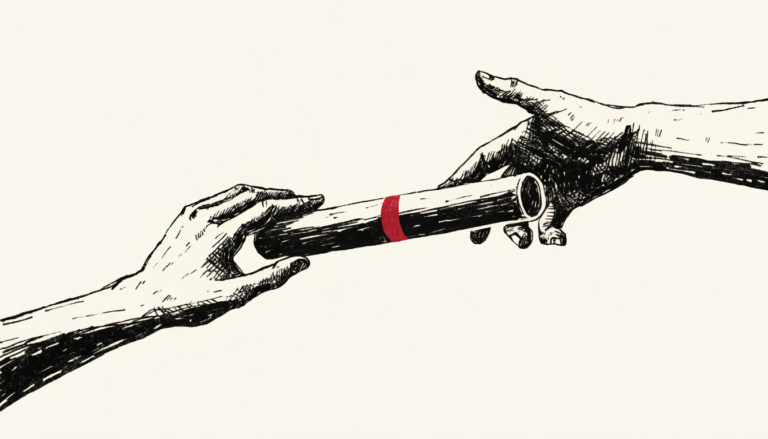 Relevo de testigo entre dos manos, ilustracion editorial
