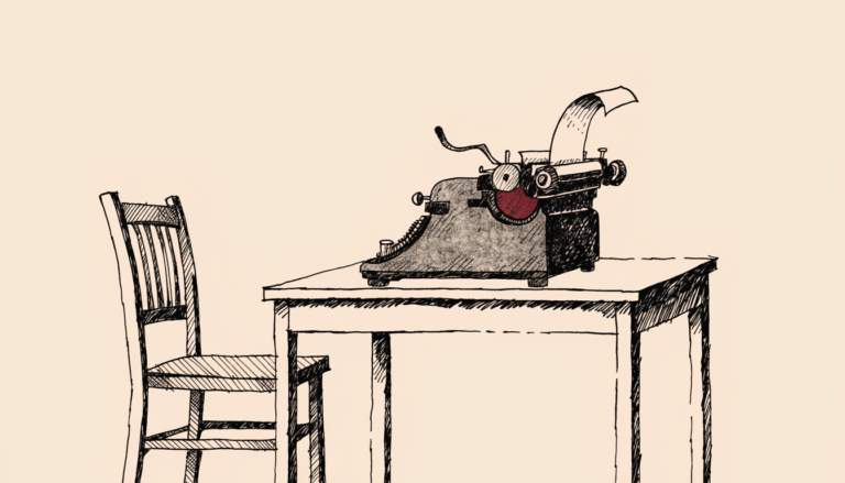 Ilustracion editorial: una silla vacia frente a una maquina de escribir con la cinta en rojo, sobre fondo salmon