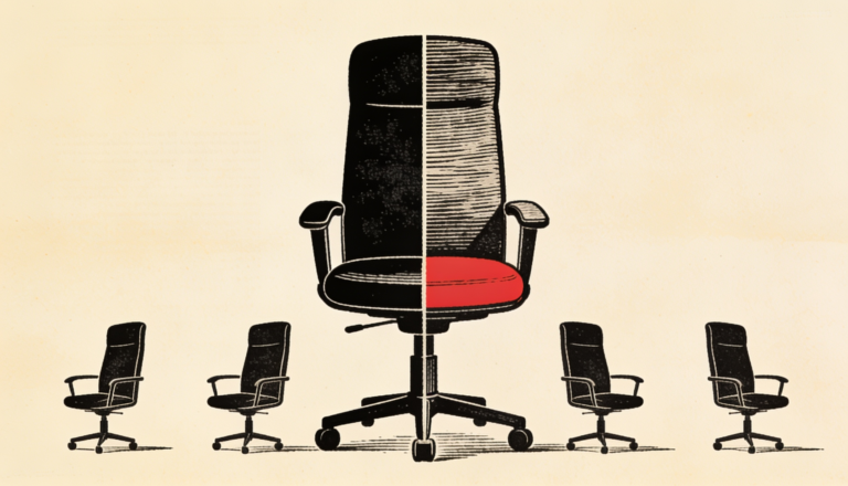 Ilustracion editorial: sillon ejecutivo rodeado de sillas mas pequenas, un puesto repartido entre varios directivos