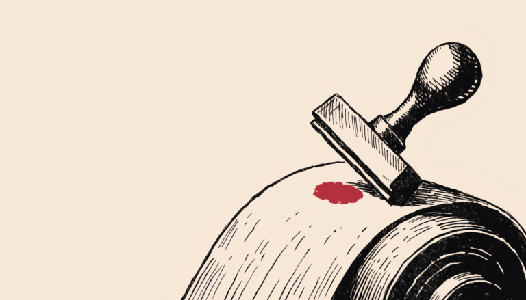 Ilustracion editorial: un sello de caucho marcando en rojo un rollo de papel, sobre fondo salmon