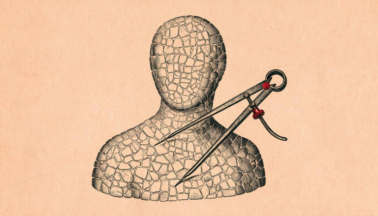 Ilustración editorial: un busto sin rostro hecho de teselas medido con un calibre, como metáfora de la reputación corporativa cuantificada.